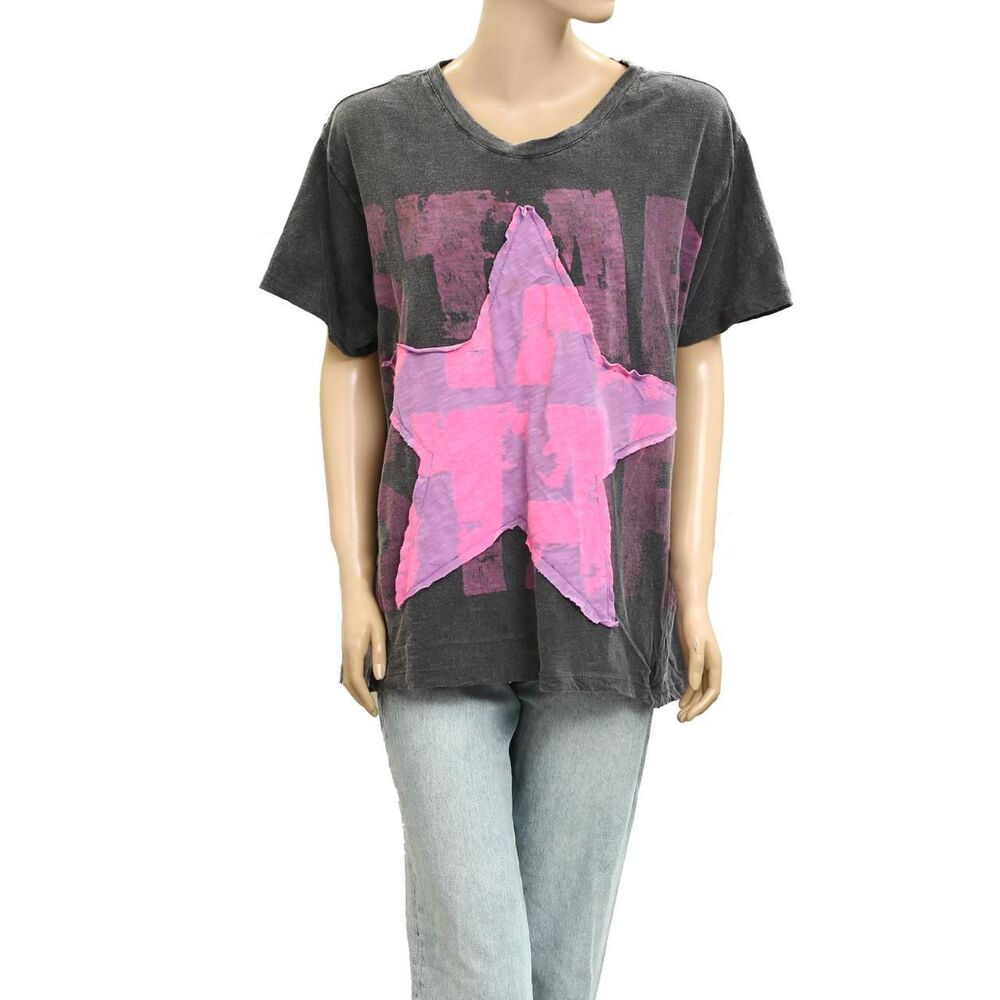 Magnolia Pearl Love Star Patchwork Tunic Tee Top Oversized Vintage O|S 278479